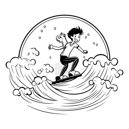 Illustration for Man riding a surfboard on a wave. Black and white vector illustration. - Royalty Free Image