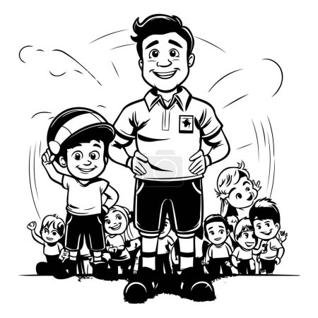 Ilustración de Fútbol o jugador de fútbol con sus hijos - Ilustración de dibujos animados en blanco y negro - Imagen libre de derechos