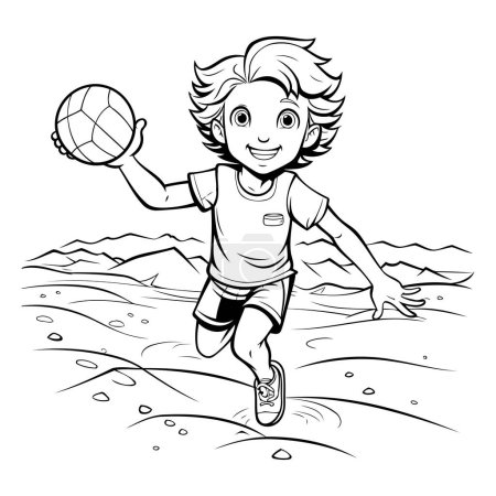 Illustration for Boy playing beach volleyball. Black and white vector illustration for coloring book. - Royalty Free Image