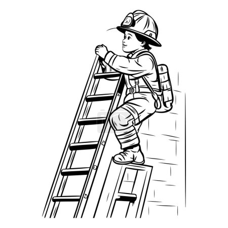 Ilustración de Bombero parado en la escalera. Ilustración vectorial de un bombero parado en la escalera. - Imagen libre de derechos