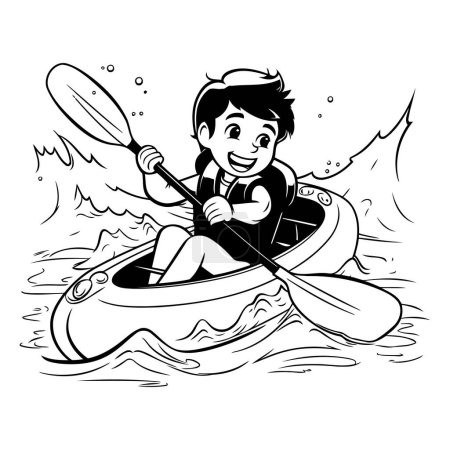 Illustration for Boy paddling in a kayak. Black and white vector illustration. - Royalty Free Image