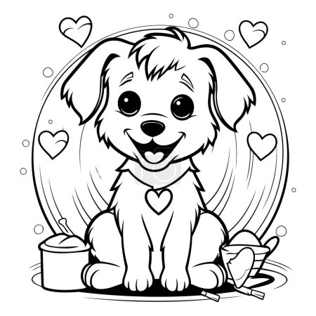 Téléchargez les illustrations : Illustration de dessin animé noir et blanc de chien chiot mignon avec forme de coeur pour livre à colorier - en licence libre de droit