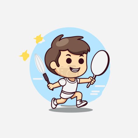 Ilustración de Niño jugando bádminton con raqueta y bola ilustración vector de dibujos animados. - Imagen libre de derechos