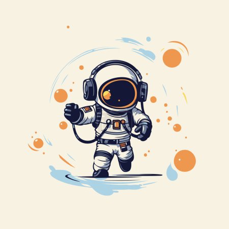 Téléchargez les illustrations : Astronaute en combinaison spatiale et écouteurs. Illustration vectorielle de bande dessinée. - en licence libre de droit