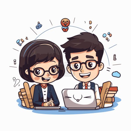 Illustration for Boy and girl with laptop and books. Vector illustration. eps 10 - Royalty Free Image