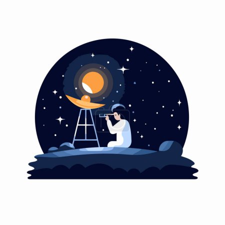 Illustration for Astronaut with telescope in space. Flat design vector illustration. - Royalty Free Image