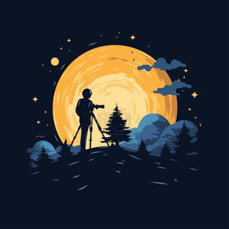 Téléchargez les illustrations : Photographe sur fond de lune et de forêt. Illustration vectorielle. - en licence libre de droit