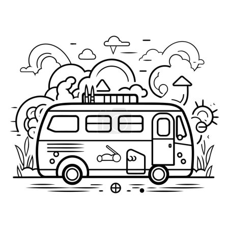 Illustration for Traveling by camper van. Black and white vector illustration. - Royalty Free Image