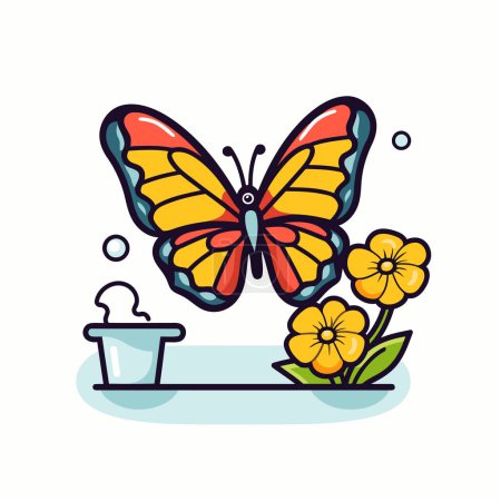 Illustration for Butterfly and flower icon. Vector illustration in flat style. - Royalty Free Image