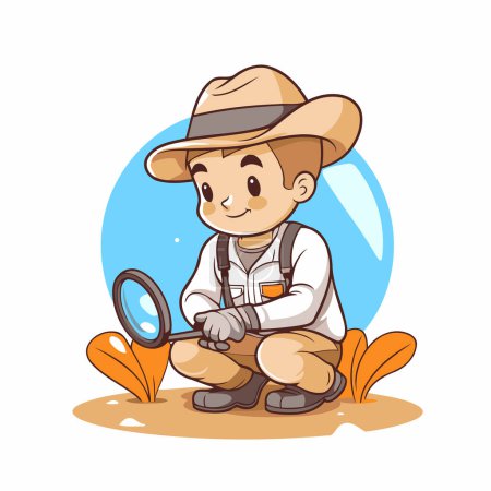 Illustration for Boy in safari hat with magnifying glass. Vector illustration. - Royalty Free Image