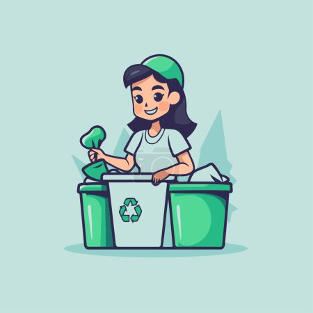 Téléchargez les illustrations : Une fille qui jette des ordures à la poubelle. Illustration vectorielle dans le style dessin animé. - en licence libre de droit