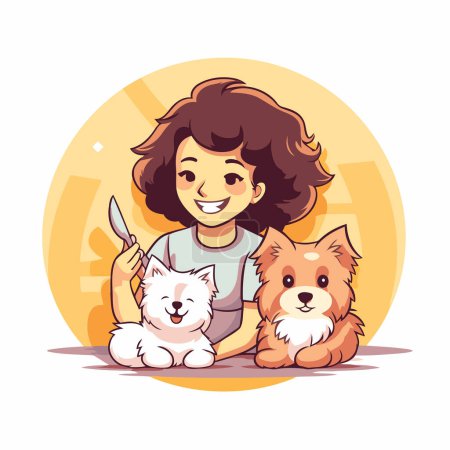 Illustration for Cute girl with her pets. Vector illustration. Cartoon style. - Royalty Free Image