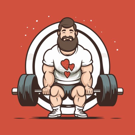 Illustration for Fat man with a beard and mustache lifting a barbell. Vector illustration. - Royalty Free Image