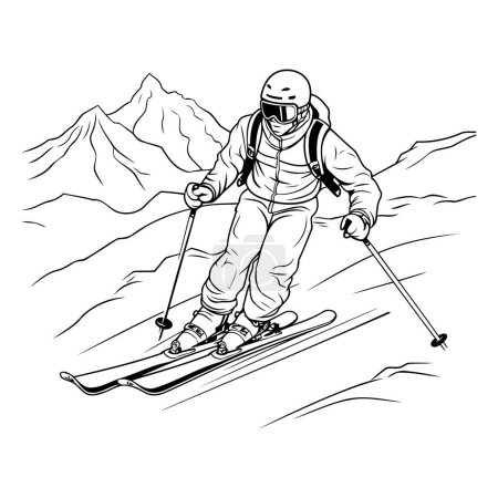 Téléchargez les illustrations : Ski dans les montagnes. Illustration vectorielle monochrome. - en licence libre de droit