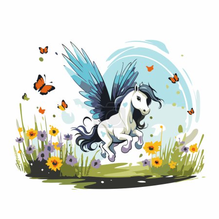 Ilustración de Ilustración vectorial de un pony blanco volador en el campo con flores. - Imagen libre de derechos