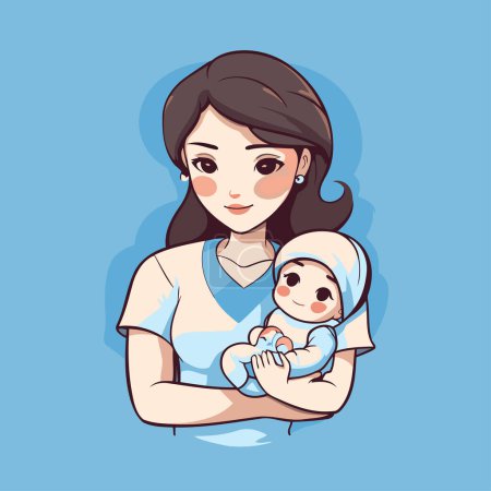 Illustration for Mother holding her baby. Vector illustration in cartoon style on blue background. - Royalty Free Image