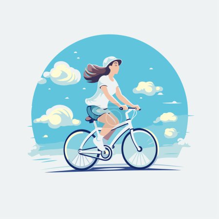 Illustration for Young woman riding bicycle on the beach. Vector illustration in flat style. - Royalty Free Image