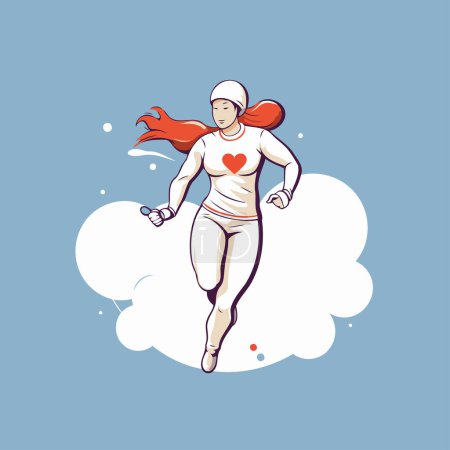 Illustration for Running woman with red hair and heart on her chest. vector illustration - Royalty Free Image