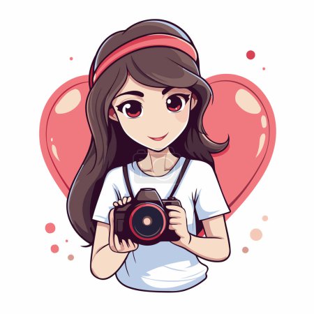 Illustration for Cute girl with camera and heart. Vector illustration in cartoon style. - Royalty Free Image