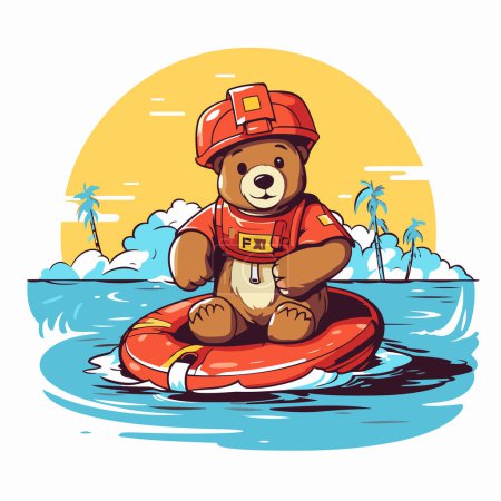 Illustration for Teddy bear in a life jacket on the sea. Vector illustration. - Royalty Free Image