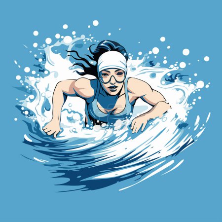 Téléchargez les illustrations : Nageur sur la vague. Illustration vectorielle d'un nageur. - en licence libre de droit
