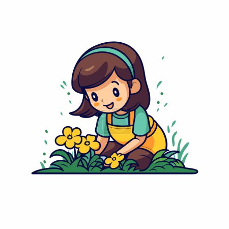 Illustration for Cute little girl picking flowers in the garden. Vector illustration. - Royalty Free Image