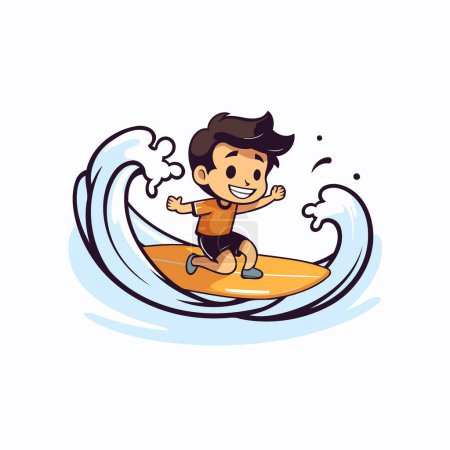 Illustration for Cartoon boy surfing on a wave. Vector illustration isolated on white background. - Royalty Free Image