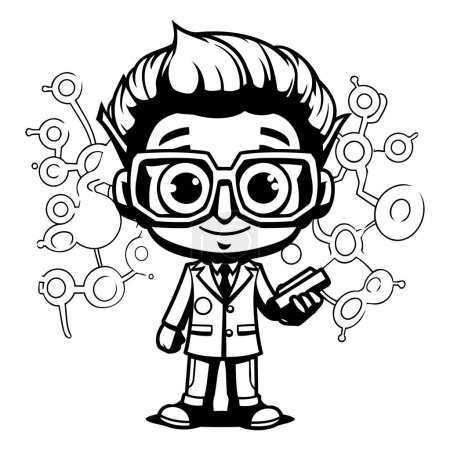 Téléchargez les illustrations : Illustration de dessin animé noir et blanc d'un scientifique ou d'un chimiste pour un livre à colorier - en licence libre de droit