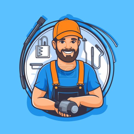 Illustration for Repairman with a camera in his hands. Vector illustration. - Royalty Free Image