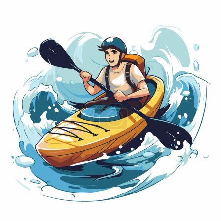 Illustration for Man paddling a kayak on the sea waves. Vector illustration. - Royalty Free Image