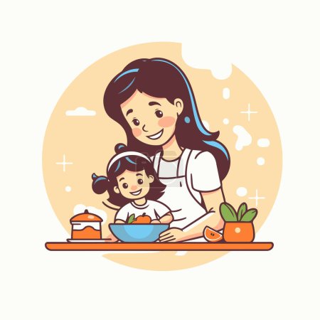 Téléchargez les illustrations : Mère et fille cuisinent ensemble dans la cuisine. Illustration vectorielle dans le style dessin animé - en licence libre de droit