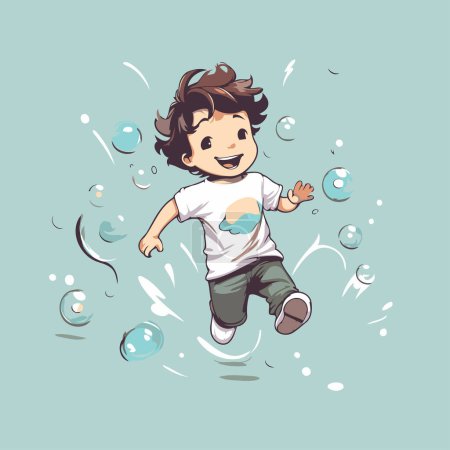 Illustration for Cute boy jumping with soap bubbles on a blue background. Vector illustration. - Royalty Free Image