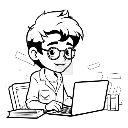 Téléchargez les illustrations : Illustration de bande dessinée en noir et blanc d'un étudiant adolescent étudiant à la maison avec un ordinateur portable - en licence libre de droit