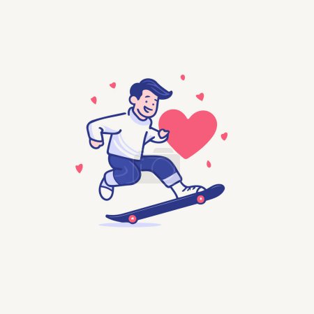 Téléchargez les illustrations : Illustration vectorielle d'un homme chevauchant un skateboard et tenant un cœur. - en licence libre de droit