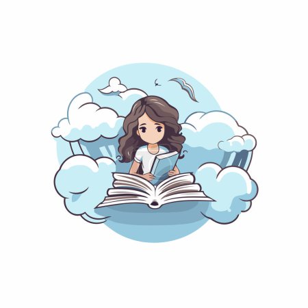 Ilustración de Chica leyendo un libro en las nubes. Ilustración vectorial sobre fondo blanco. - Imagen libre de derechos