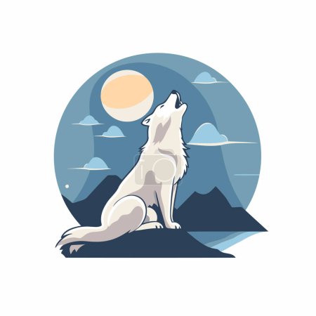 Ilustración de Ilustración vectorial de un lobo sentado en una roca con una luna en el fondo - Imagen libre de derechos