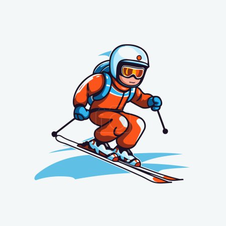 Téléchargez les illustrations : Illustration vectorielle homme skieur. Cartoon skieur avec casque et lunettes. - en licence libre de droit