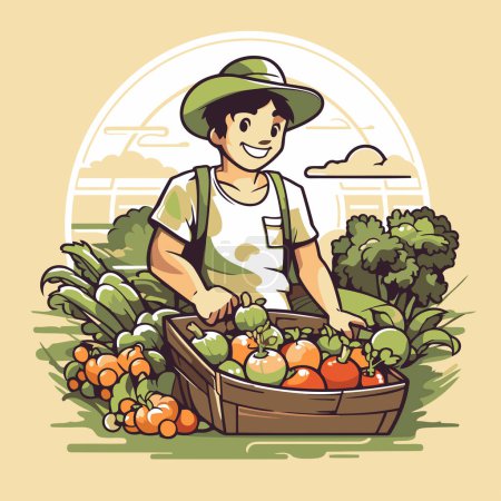 Téléchargez les illustrations : Illustration vectorielle d'un agriculteur avec un panier plein de légumes frais. - en licence libre de droit