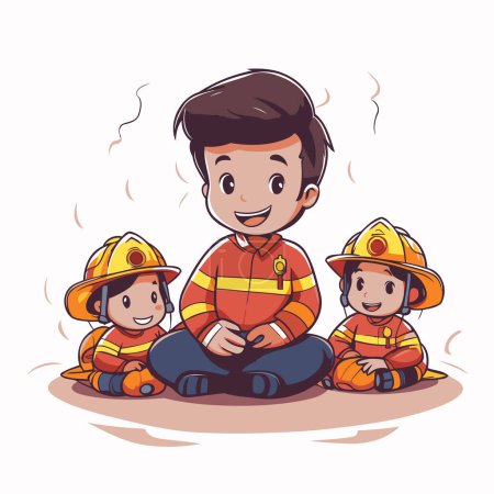 Ilustración de Ilustración de un bombero sentado junto a sus hijos. Ilustración vectorial. - Imagen libre de derechos