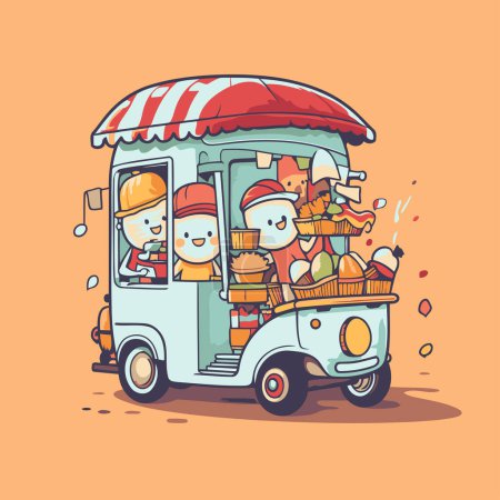 Téléchargez les illustrations : Mignon camion de crème glacée dessin animé avec des gens. illustration vectorielle sur fond orange. - en licence libre de droit