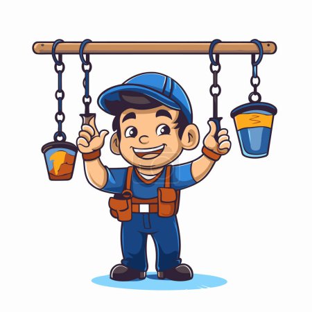 Illustration for Cartoon mechanic holding a bucket and a cup of coffee. Vector illustration. - Royalty Free Image