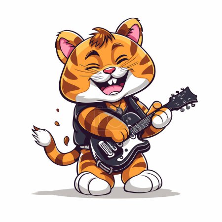 Téléchargez les illustrations : Tigre de bande dessinée jouant de la guitare. Illustration vectorielle sur fond blanc. - en licence libre de droit