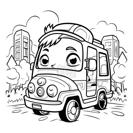 Téléchargez les illustrations : Illustration de bande dessinée en noir et blanc d'un garçon mignon conduisant une voiture ou un camion pour un livre à colorier - en licence libre de droit