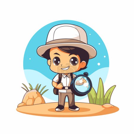 Illustration for Cute boy explorer with a magnifying glass. Vector illustration. - Royalty Free Image