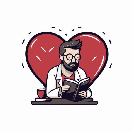 Illustration for Doctor reading a book in a red heart shape. Vector illustration. - Royalty Free Image