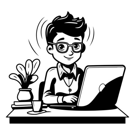Illustration for Businessman working on laptop at office. Vector illustration in black and white - Royalty Free Image