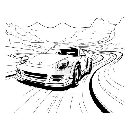 Téléchargez les illustrations : Voiture sur la route dans les montagnes. Illustration vectorielle en noir et blanc - en licence libre de droit