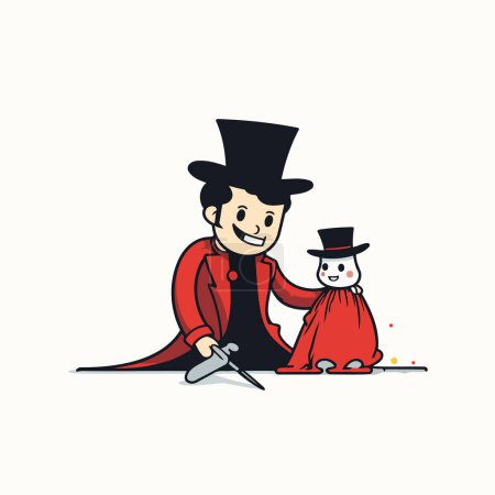 Magician playing with a little boy. Vector illustration in cartoon style.