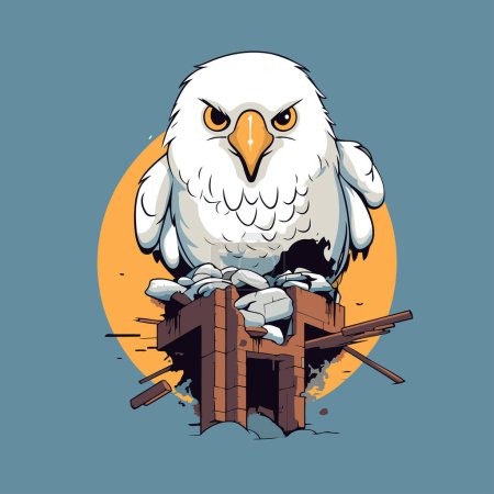 Águila calva sentada en una chimenea. Ilustración vectorial de un estilo de dibujos animados.