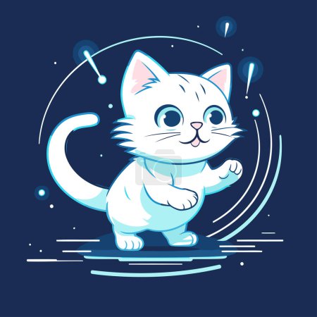 Téléchargez les illustrations : Mignon dessin animé chat blanc sur fond bleu foncé. Illustration vectorielle. - en licence libre de droit